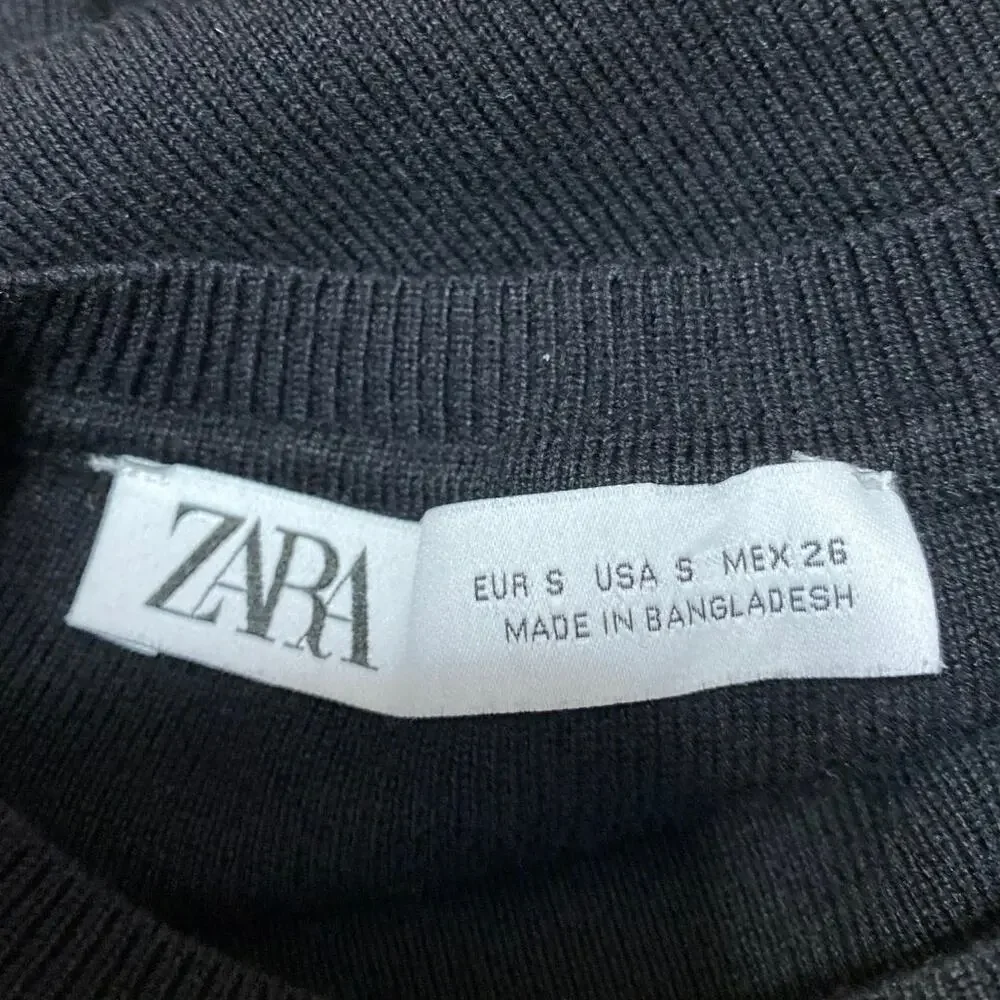 Zara Women's Black Long Sleeve Crew Neck Ribbed Knit Sweater Crop Top Size S